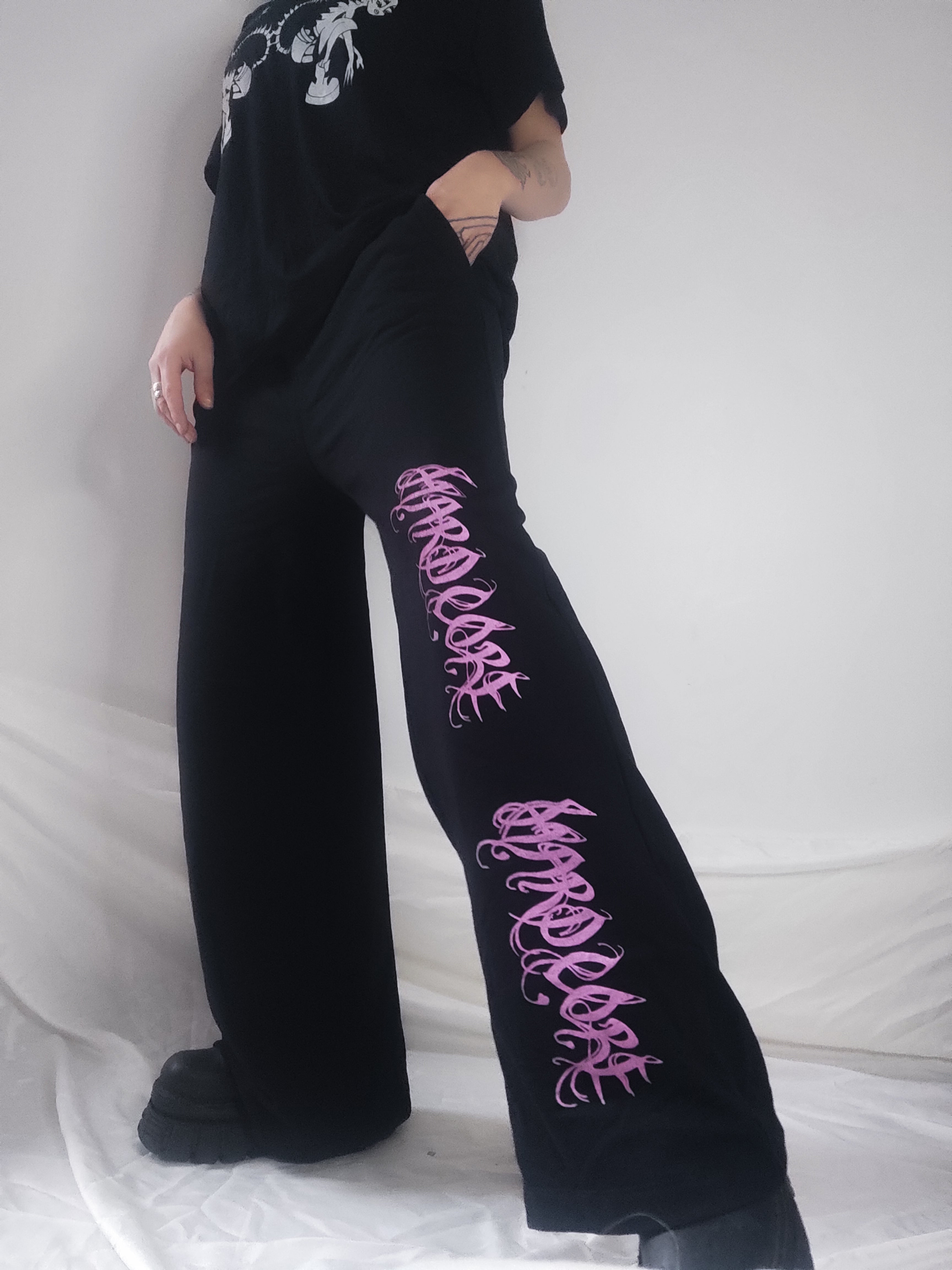 Hardcore hand printed wide leg tracksuit bottoms Joggers. Pink