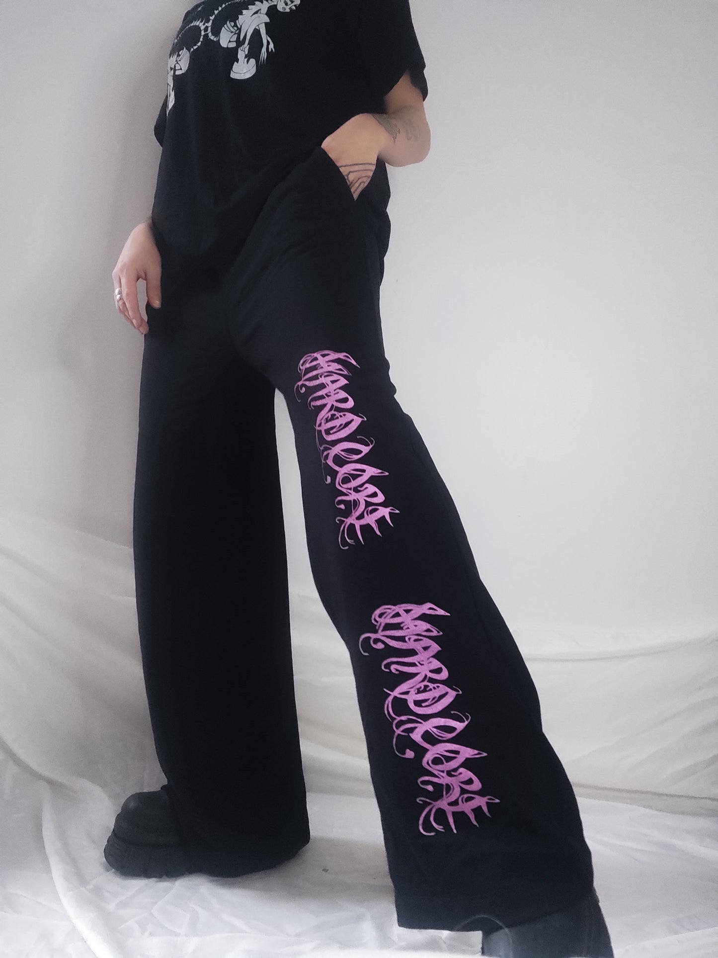 Hardcore hand printed wide leg tracksuit bottoms/Joggers. Pink