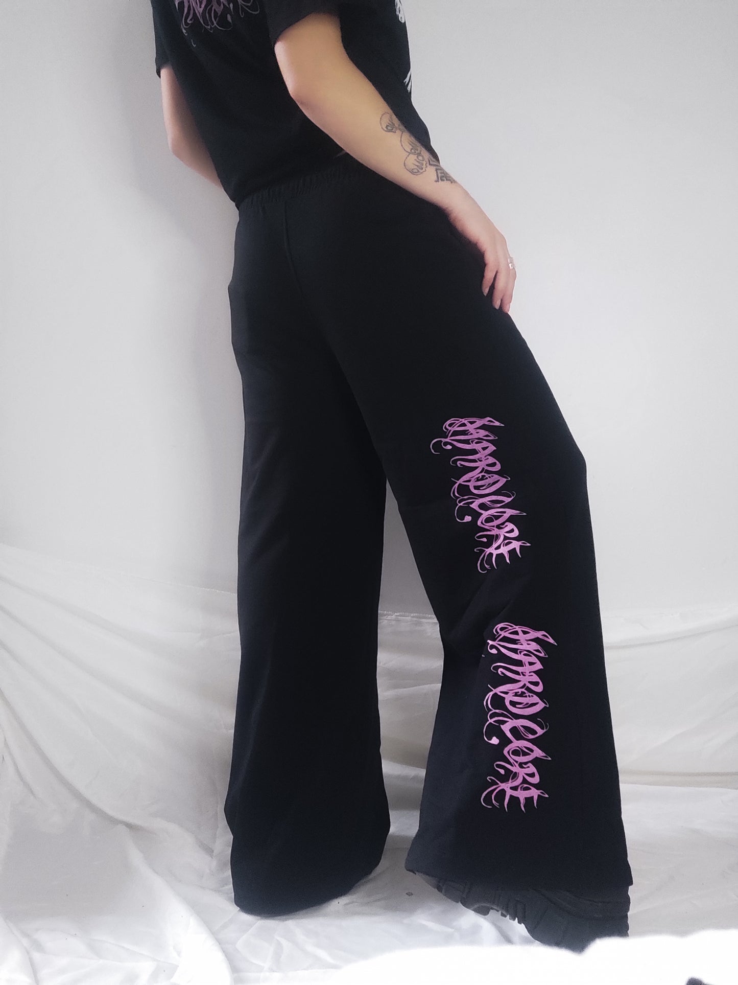 Hardcore hand printed wide leg tracksuit bottoms/Joggers. Pink