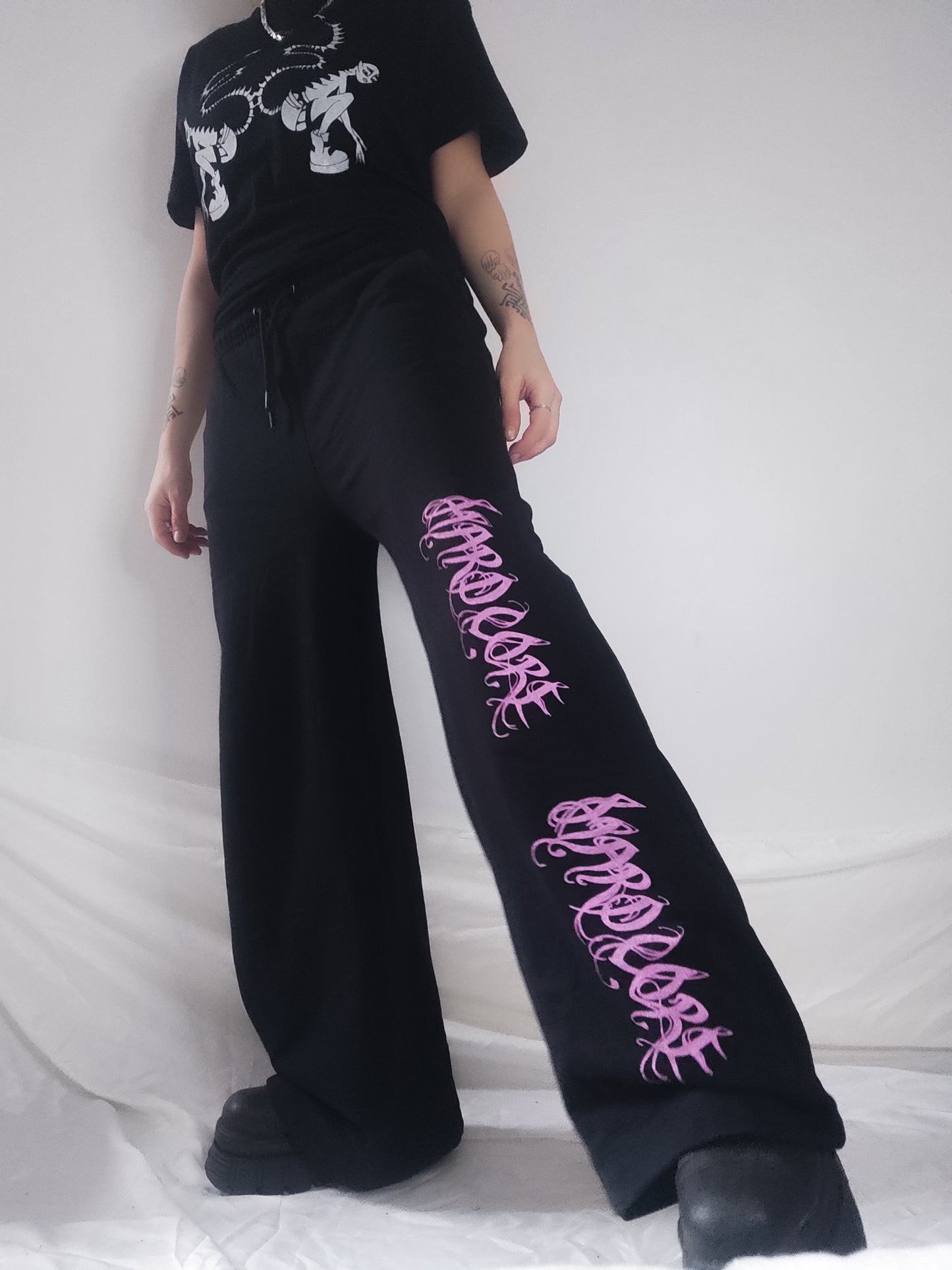 Hardcore hand printed wide leg tracksuit bottoms/Joggers. Pink