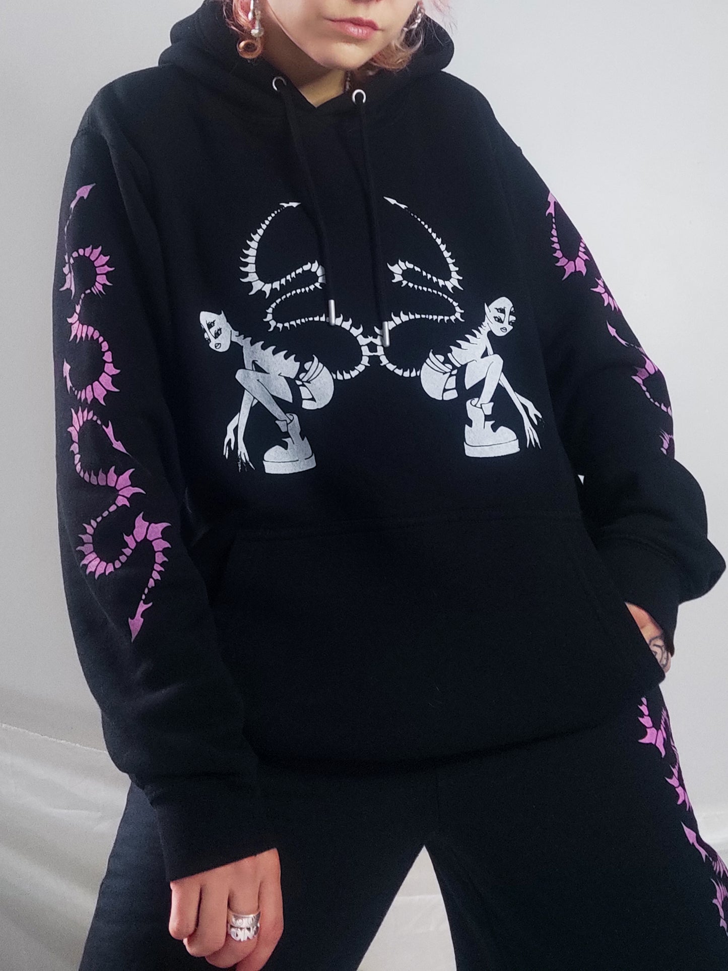 Hand printed Creature Hoodie, organic cotton. Pink