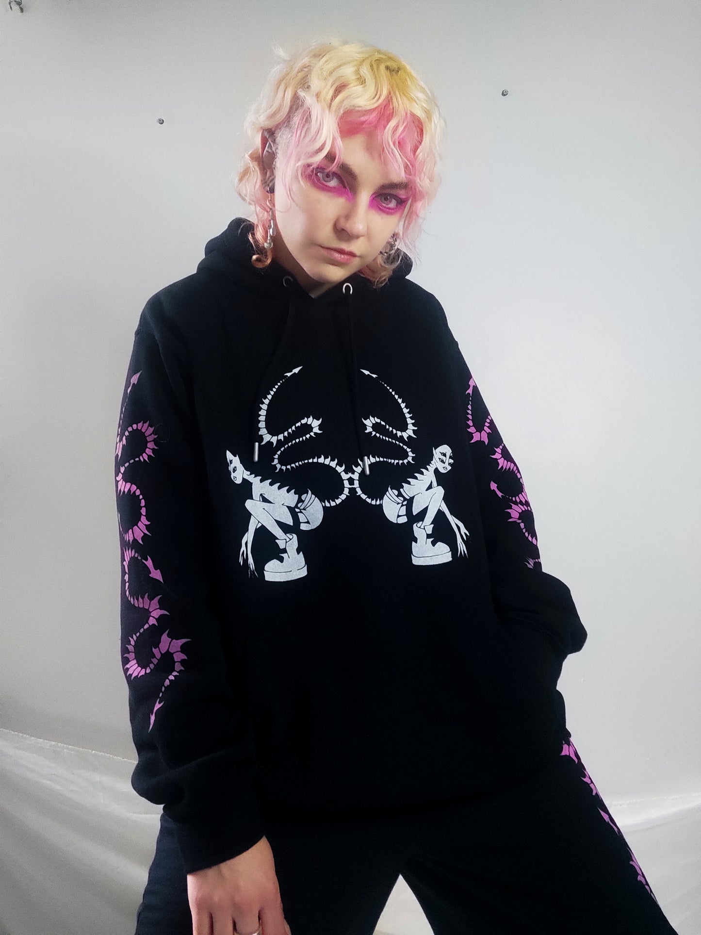 Hand printed Creature Hoodie, organic cotton. Pink