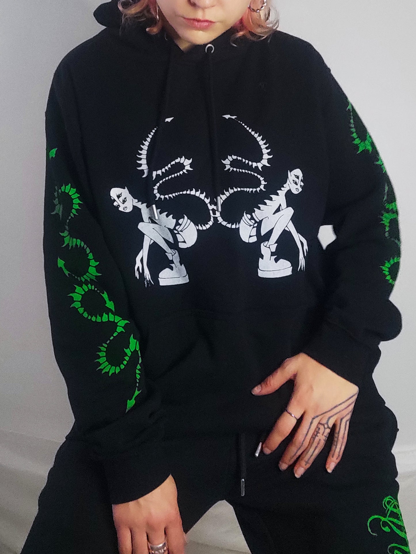 Hand printed Creature Hoodie, organic cotton. Green