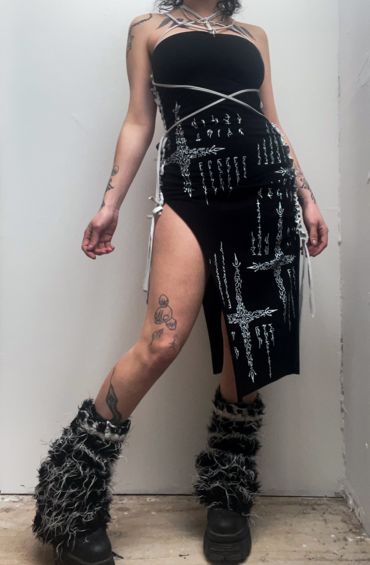 Alien Code hand printed and woven dress. Black