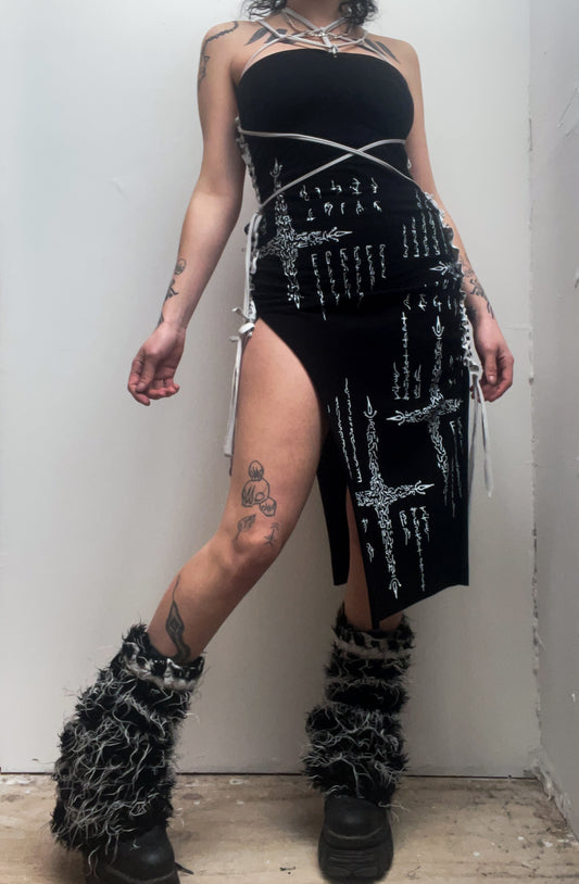 Alien Code hand printed and woven dress. Black