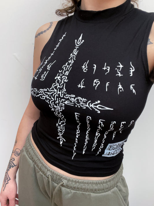 Alien code hand printed tank tops. Black