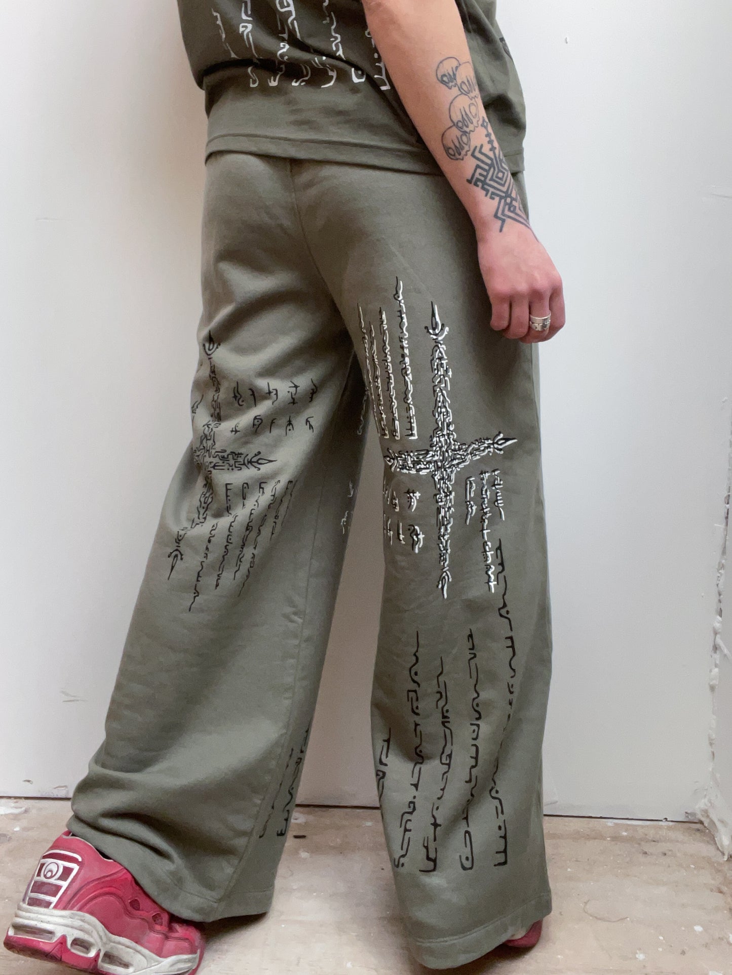 Alien Contact Hand printed wide leg tracksuit bottoms/ joggers. (Gender Neutral. Khaki)