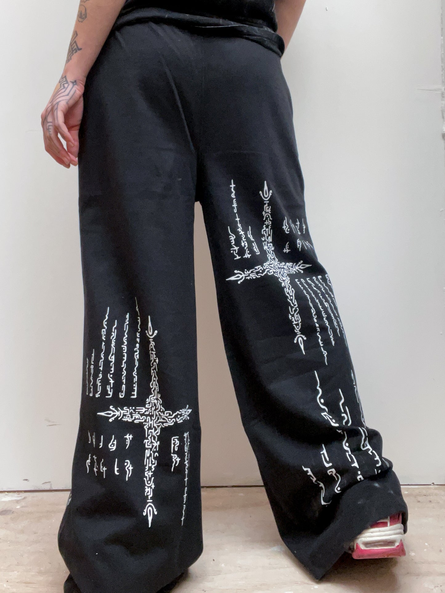 Alien Contact Hand printed wide leg tracksuit bottoms/ joggers. (Gender Neutral. Black)