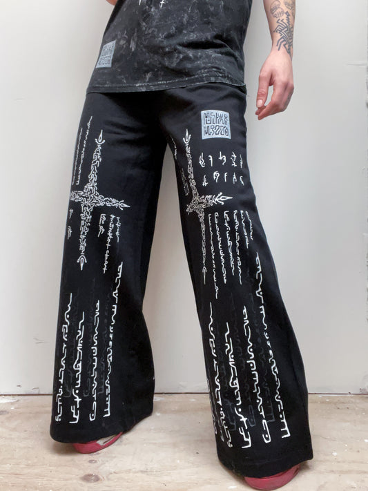 Alien Contact Hand printed wide leg tracksuit bottoms/ joggers. (Gender Neutral. Black)