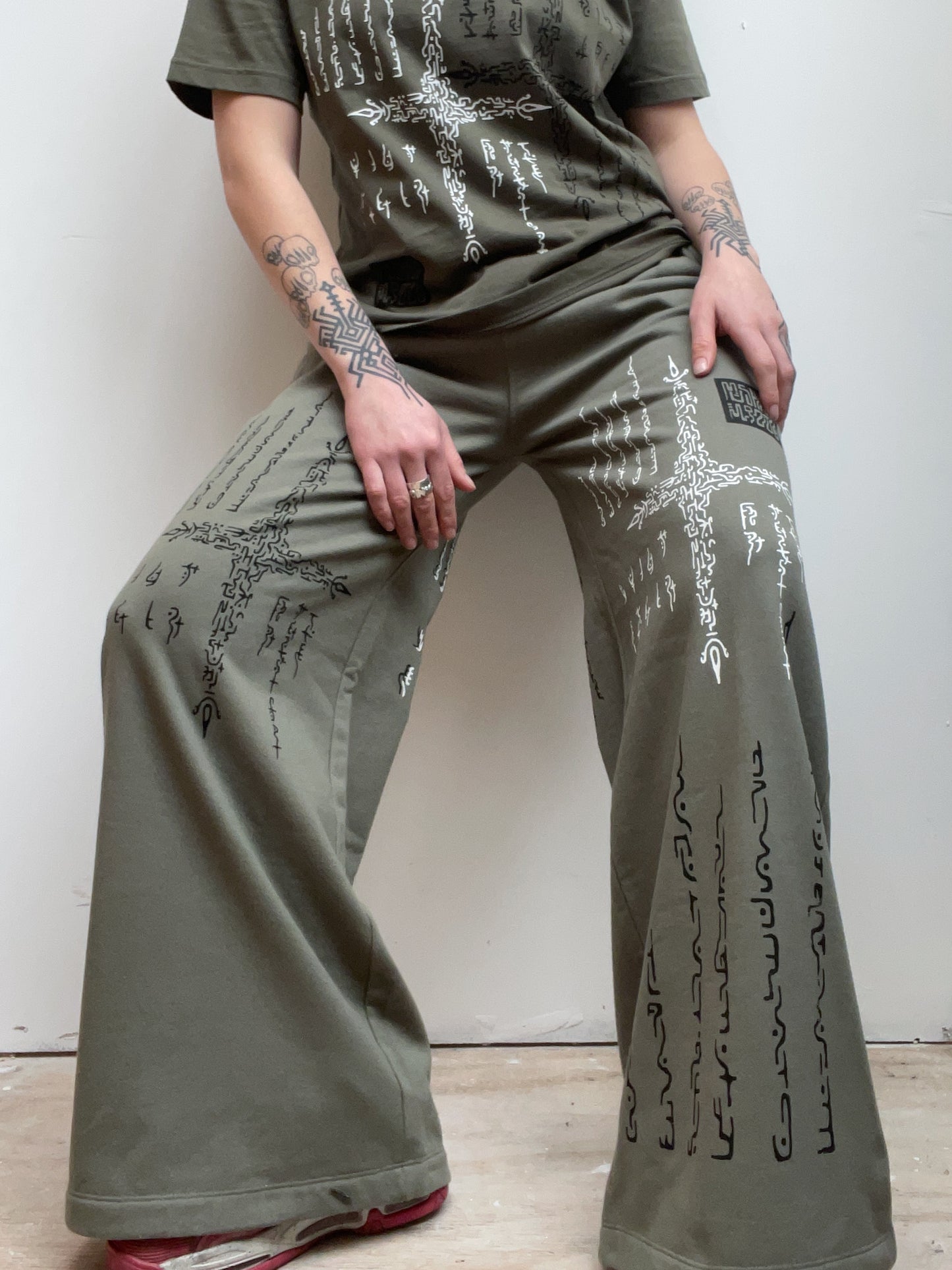 Alien Contact Hand printed wide leg tracksuit bottoms/ joggers. (Gender Neutral. Khaki)