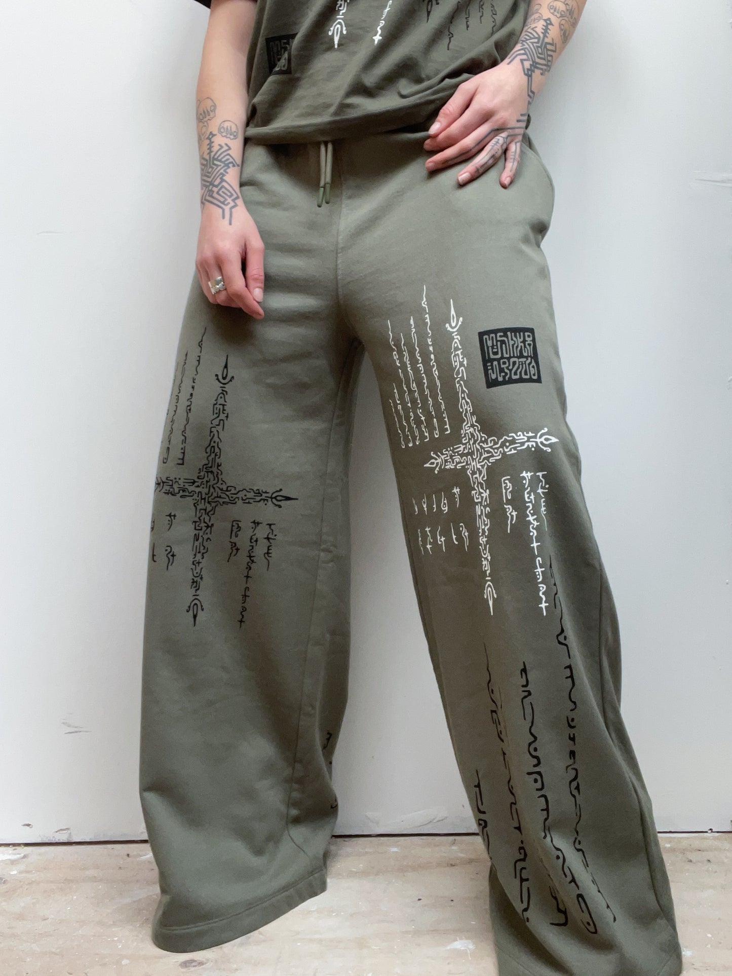 Alien Contact Hand printed wide leg tracksuit bottoms/ joggers. (Gender Neutral. Khaki)