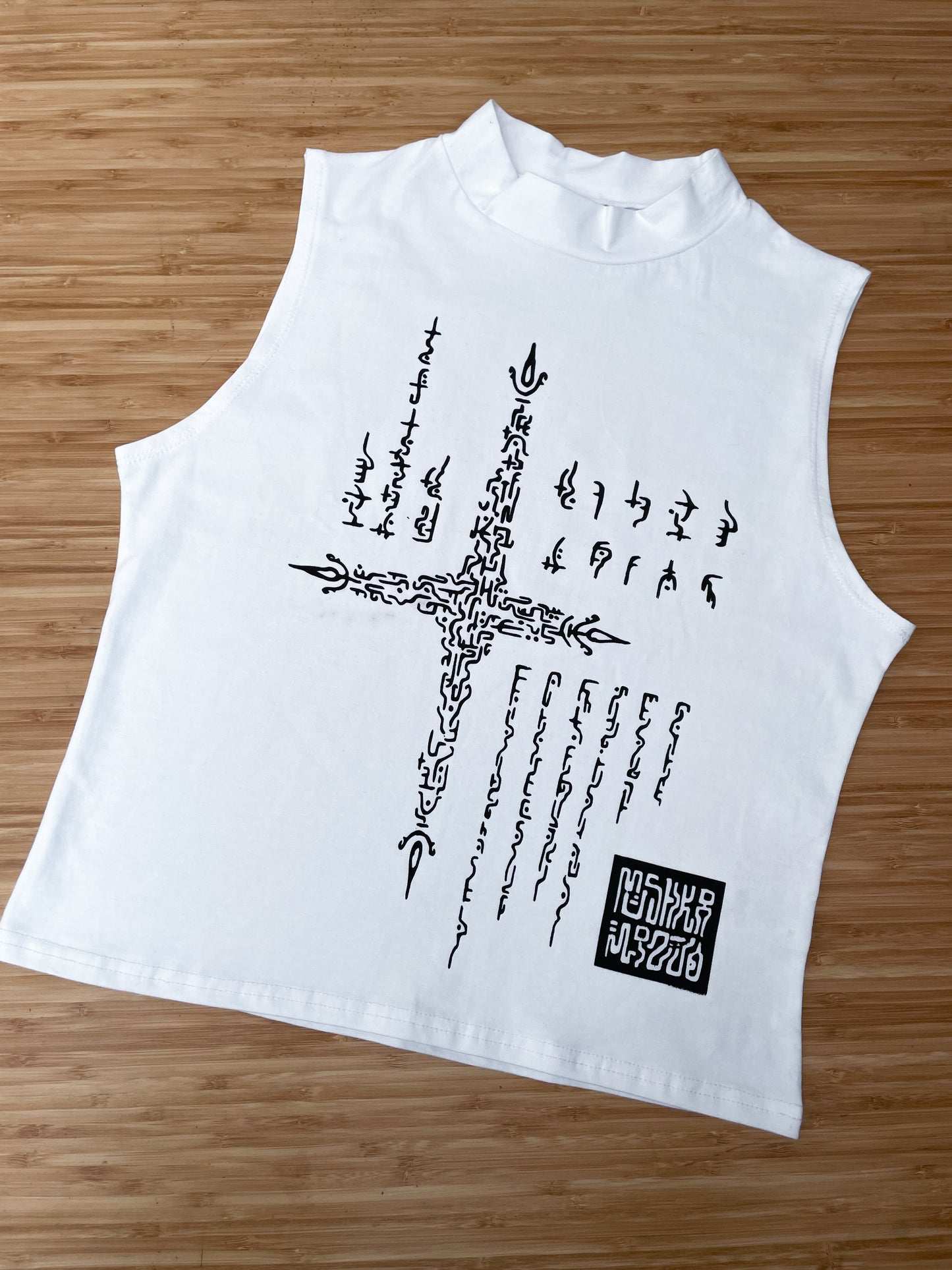 Alien code hand printed tank tops. White