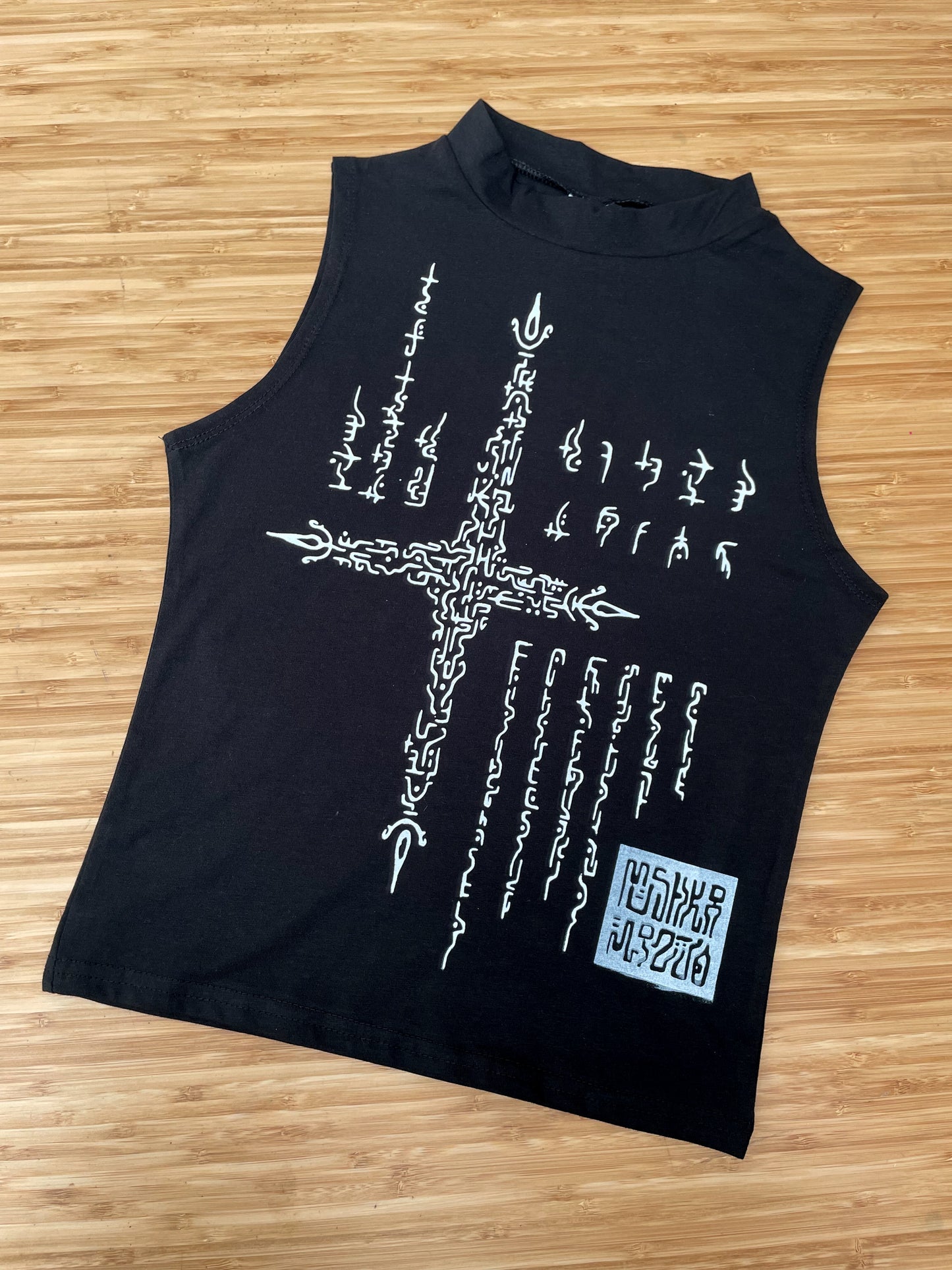 Alien code hand printed tank tops. Black