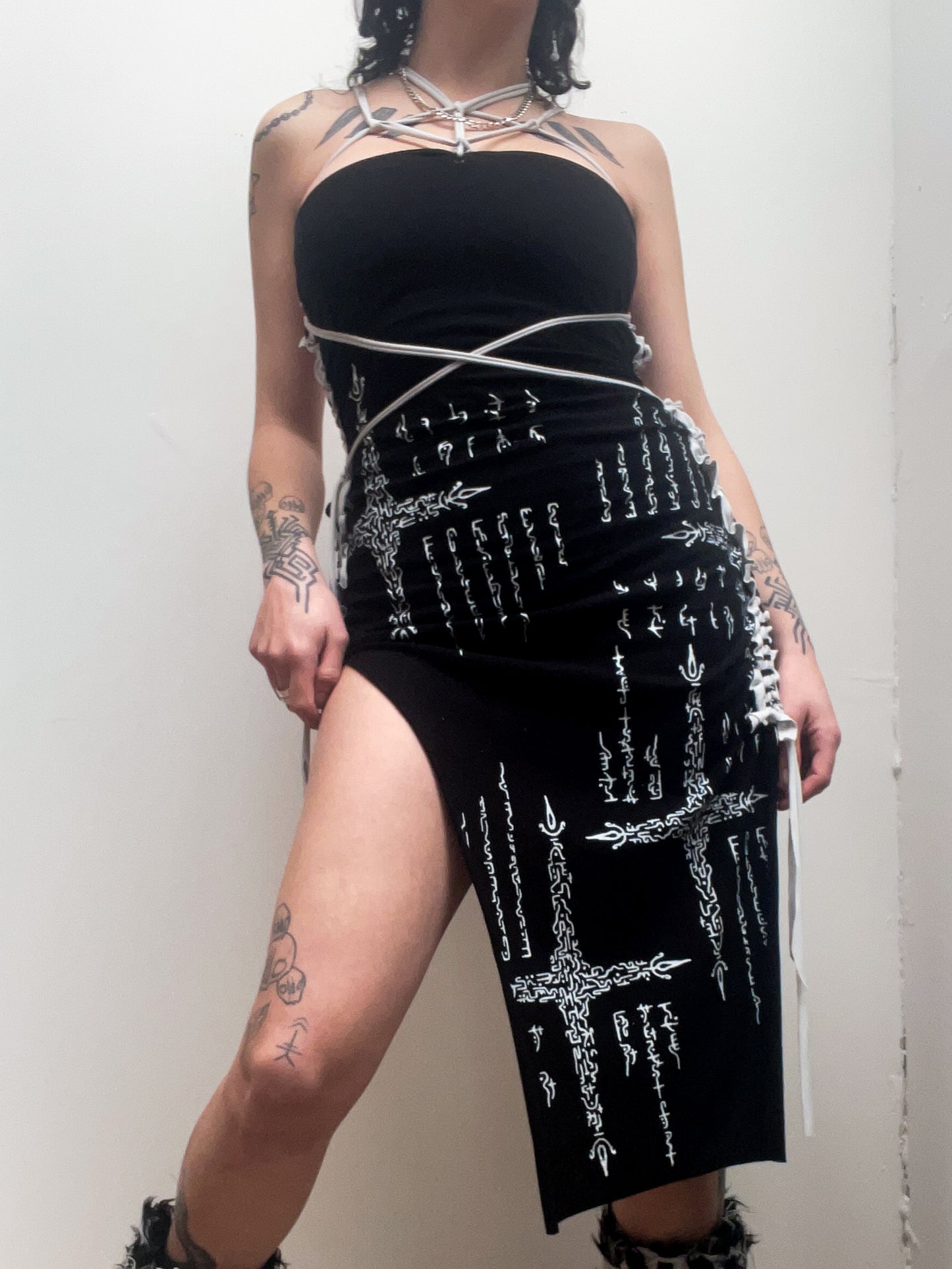 Alien Code hand printed and woven dress. Black