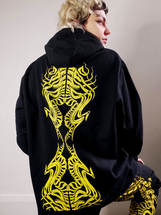 Biomechanika Hand printed gender neutral organic cotton hoodie. Black and Yellow