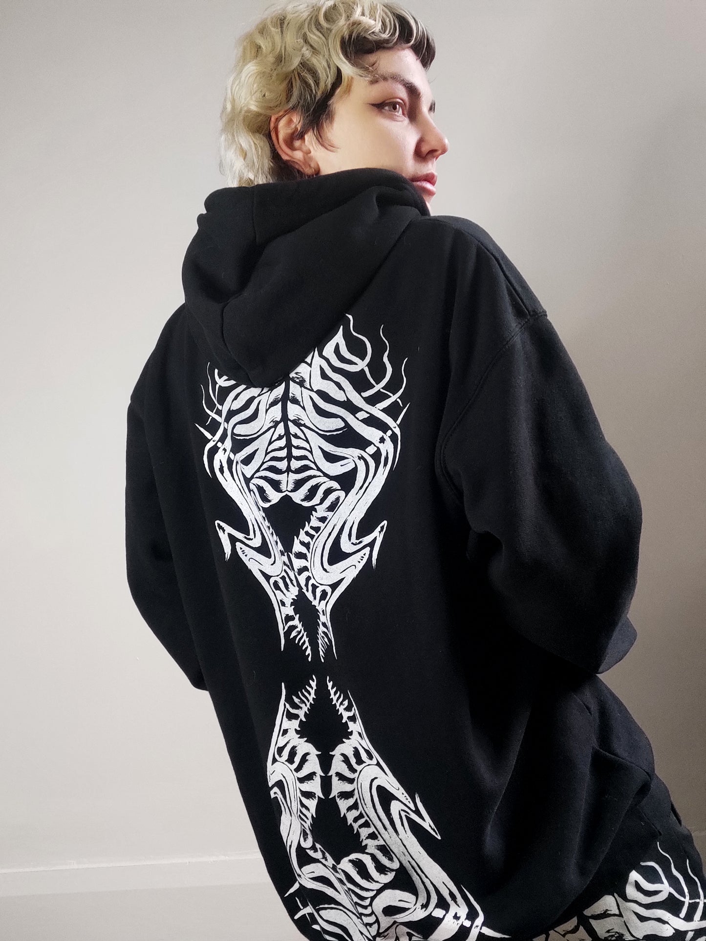 Biomechanika Full hand printed organic cotton gender neutral tracksuit. Black and white