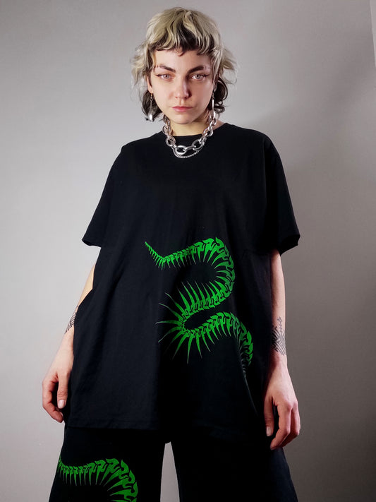 Serpent spine hand printed gender neutral relaxed fit organic cotton T shirt