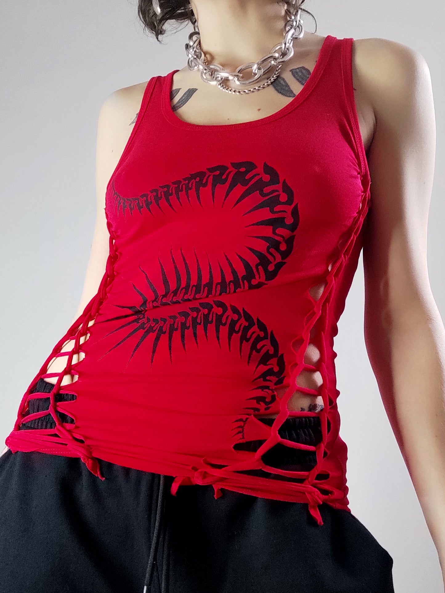 Serpent Spine hand printed and woven organic cotton tank top. Red and Black