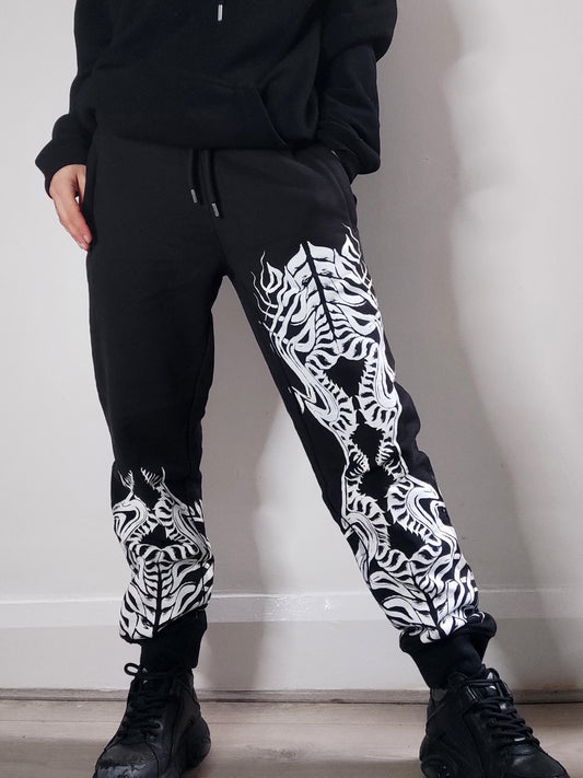 Biomechanika Hand printed organic cotton Tracksuit bottoms/Joggers. Black and white